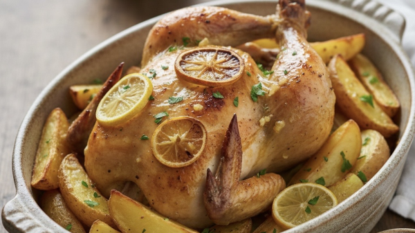 دجاج بالفرن بصوص الثوم والليمون مع بطاطا دجاج بالفرن بصوص الثوم والليمون مع بطاطا